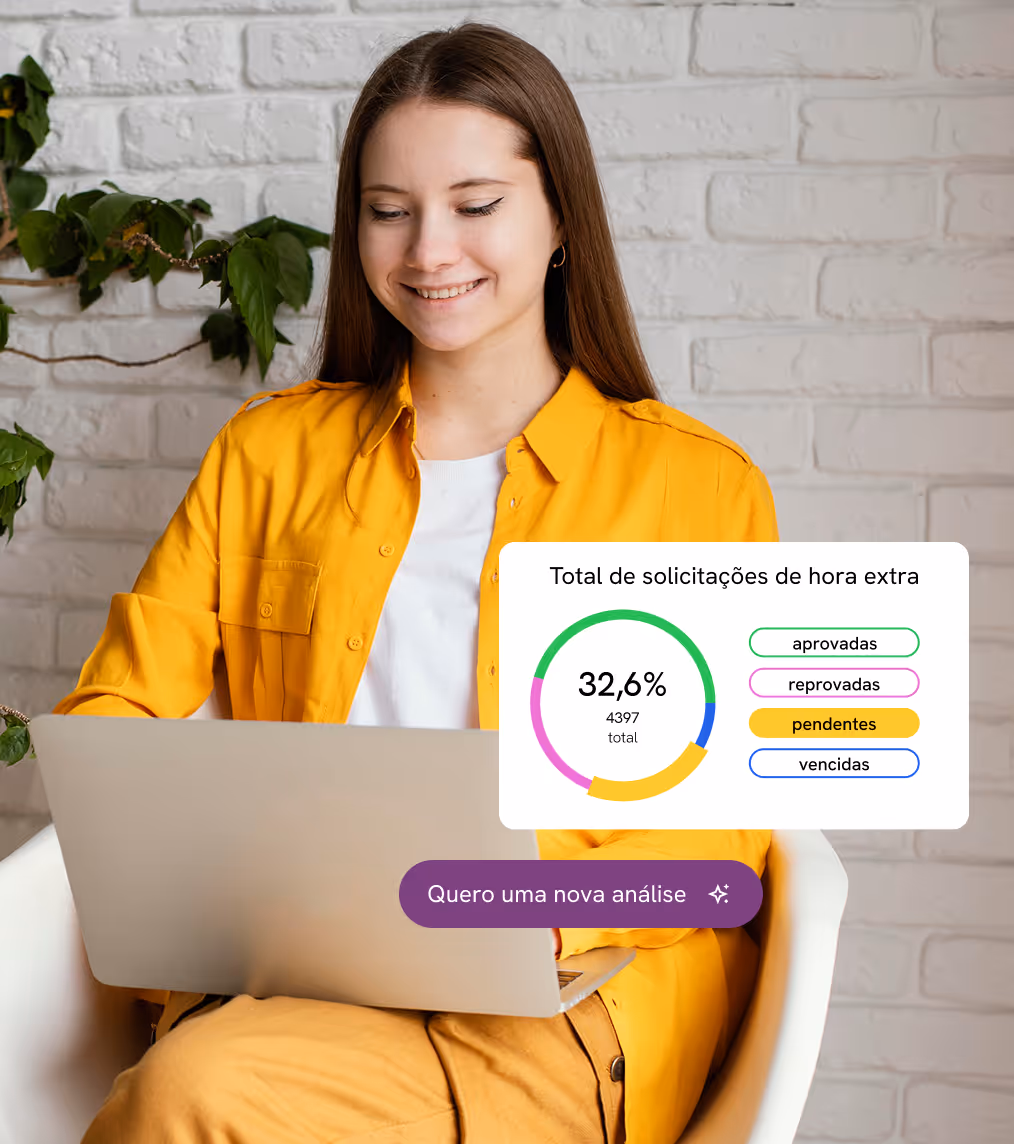 Mujer usando una notebook con un gráfico de solicitudes de horas extra en pantalla.