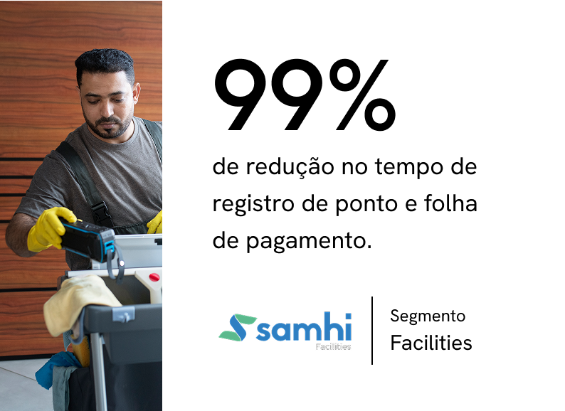 99% de redução no tempo de registro de ponto e folha de pagamento. — Samhi • Segmento Facilities