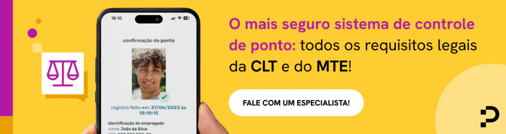 Celular exibindo aplicativo de controle de ponto com reconhecimento facial seguindo a CLT e MTE